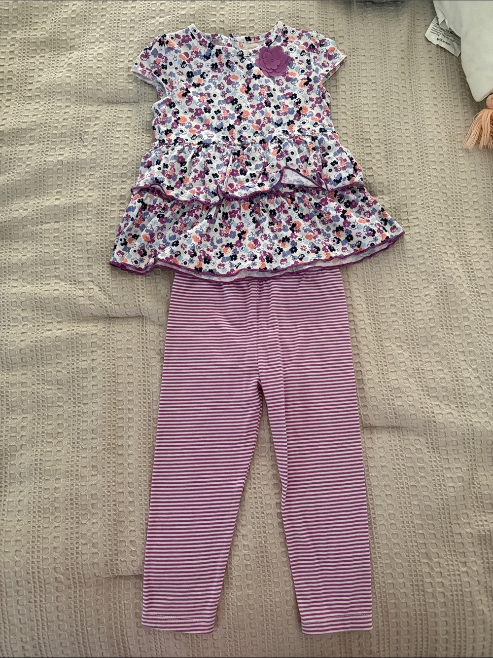 Girls Purple Floral Ruffle Top & Purple Stripe Leggings  Set